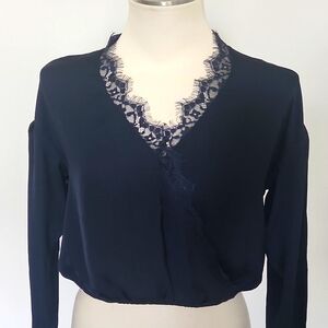 Navy long sleeve santin blouse Express